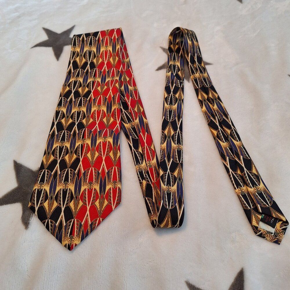 SERICA Mens 100%Silk Necktie ITALY Designer Geometric Red Blue Black Gold Rare